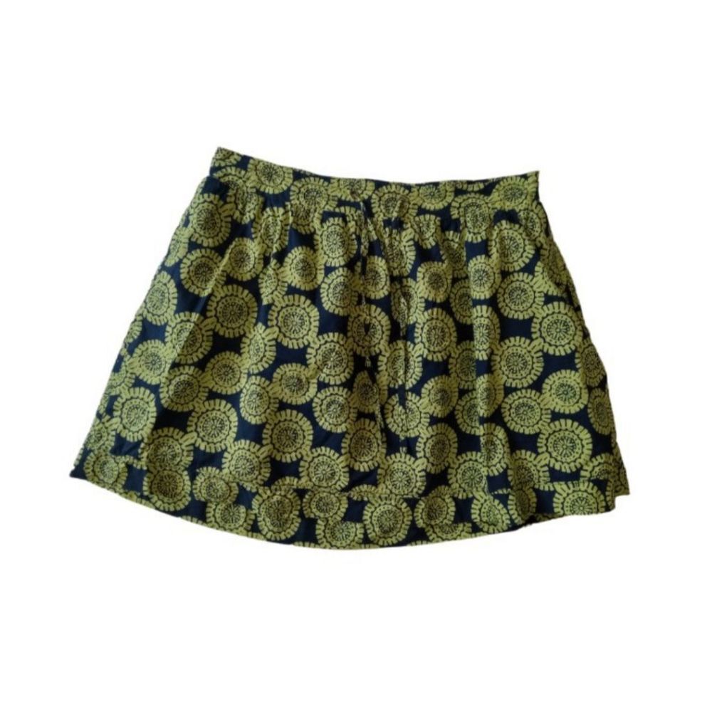 Merona Navy Blue Lime Green Floral Print Cotton Drawstring Skirt Women's Large